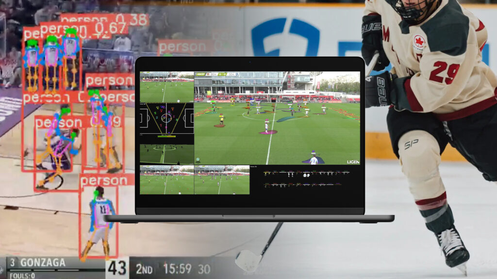 A composite image showing various sports applications of machine learning. Includes a basketball court with players highlighted by AI, a soccer field with player movements tracked, and a hockey player on ice.