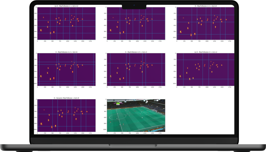 A laptop displaying a grid of graphs analyzing player positions and movements on a soccer field, with an overlay of real match footage.
