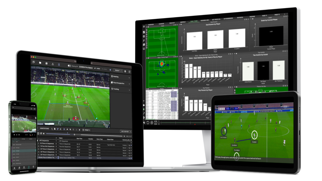 Um ecrã com vários dispositivos que mostra as várias funcionalidades do MatchTracker para análise de desempenho. A imagem mostra o software num smartphone, tablet e monitor de computador. Os dispositivos exibem imagens de jogos de futebol, sobreposição de dados das posições e movimentos dos jogadores e vários painéis analíticos, incluindo tabelas e gráficos que detalham as estatísticas dos jogadores e os eventos do jogo.