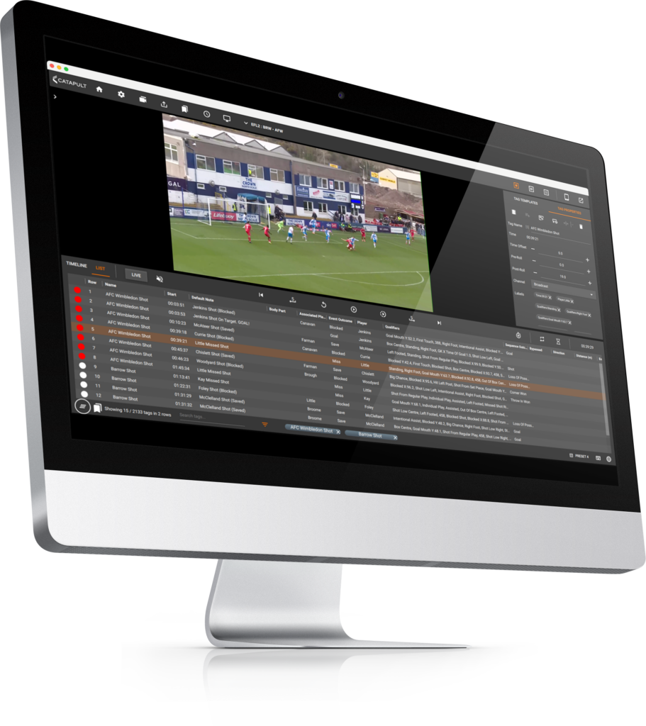 A desktop monitor showing Catapult's Pro Video software with detailed football match analysis, including event descriptions and video footage.
