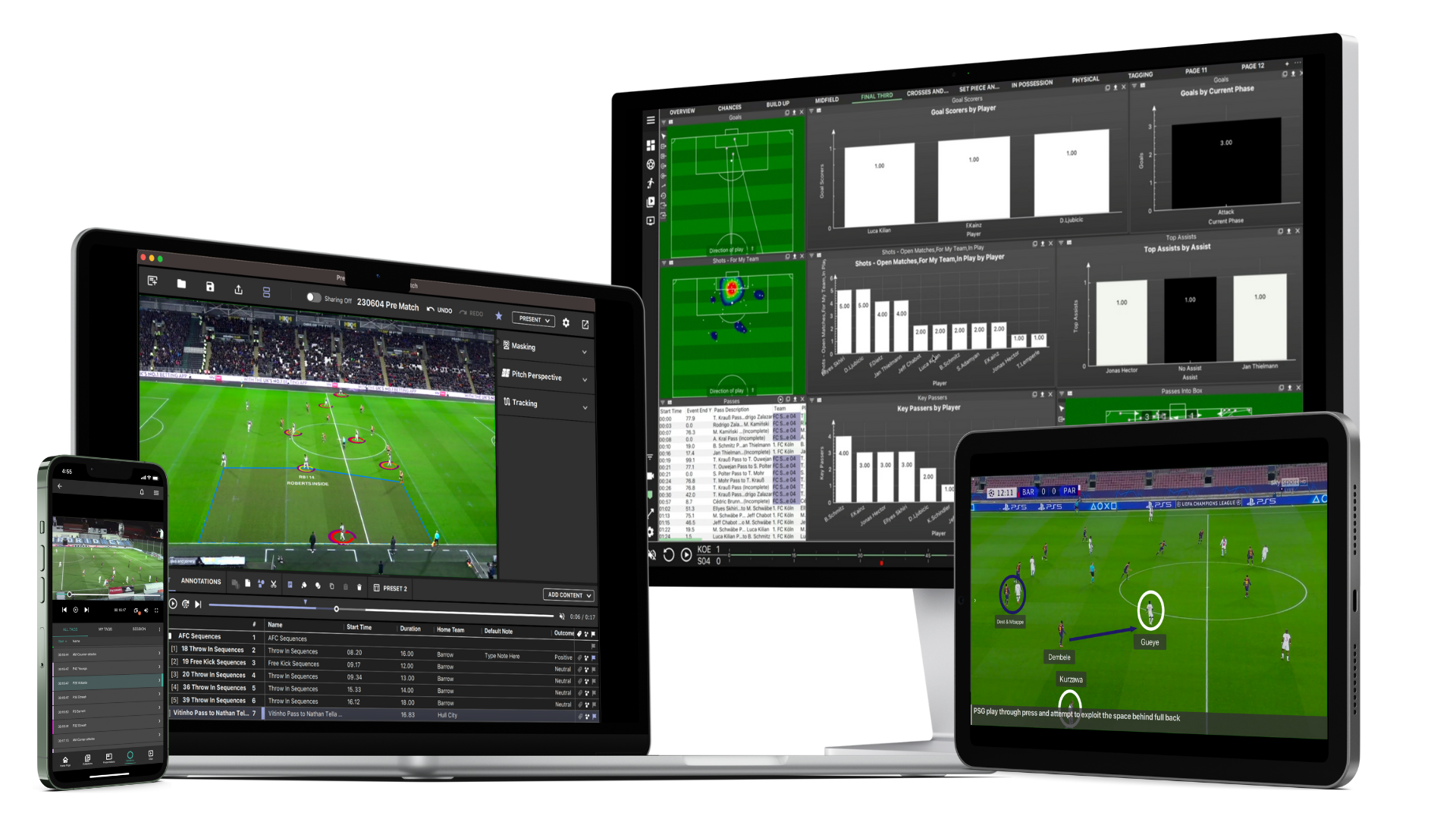 A multi-device display showing MatchTracker's various features for performance analysis. The image showcases the software on a smartphone, tablet, and computer monitor. The devices exhibit football match footage, data overlay of player positions and movements, and various analytical panels including charts and graphs detailing player statistics and match events.