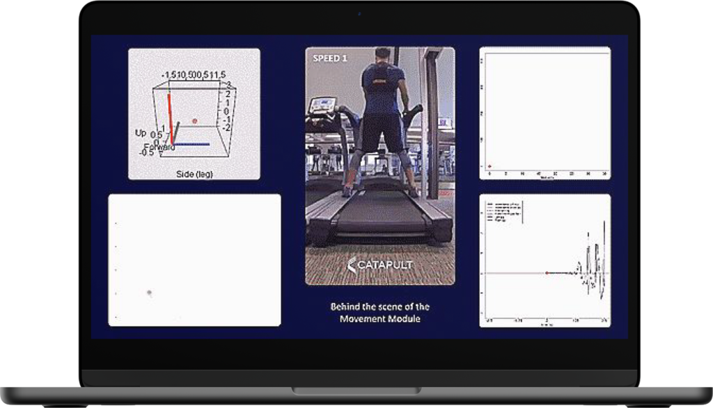 A laptop screen displaying a training analysis interface for a treadmill workout. Shows graphs and a 3D model of movement metrics.